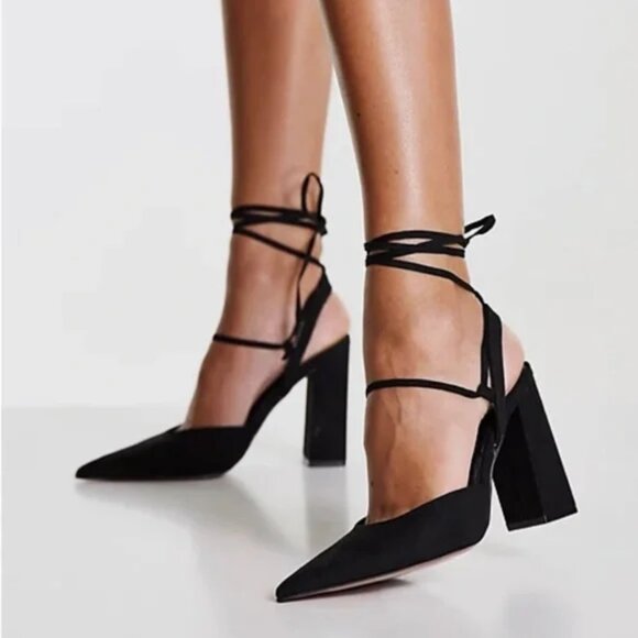 Asos Strappy Lace Up Black Pump Chunky Heel Size 9 - Picture 1 of 6
